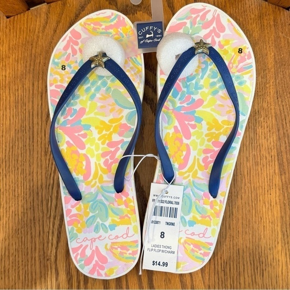 🌈 6/$60 Cuffy’s Cape Cod Thong Flip Flops Starfish Navy Blue Floral Print Size 8 - Picture 7 of 7